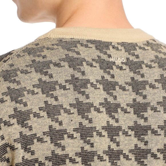Hugo Boss Men's HUGO Steeth LS Houndstooth Jacquard Knit Crewneck Sweater Beige - Picture 4 of 6